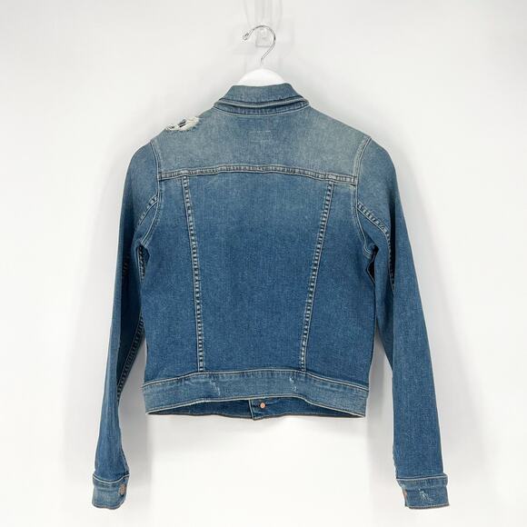 MOTHER The Bruiser Crop Denim Jacket Women’s Size Small Love Gun Distressed - Picture 7 of 7